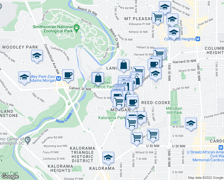 map of restaurants, bars, coffee shops, grocery stores, and more near Calvert Street Northwest & Cliffbourne Place Northwest in Washington