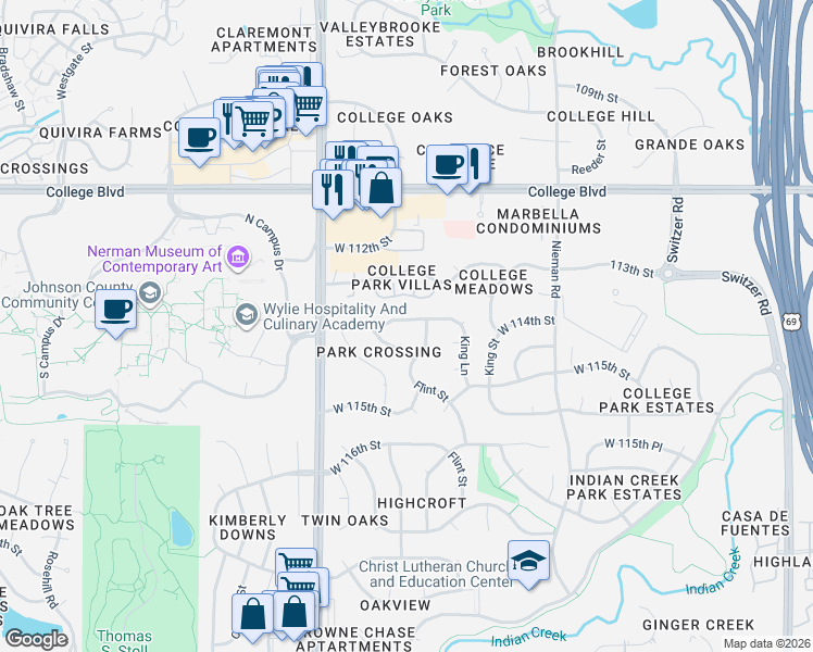 map of restaurants, bars, coffee shops, grocery stores, and more near 11420 West 114th Street in Overland Park