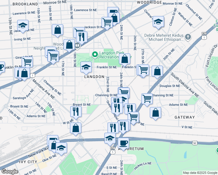 map of restaurants, bars, coffee shops, grocery stores, and more near 2201 Douglas Street Northeast in Washington