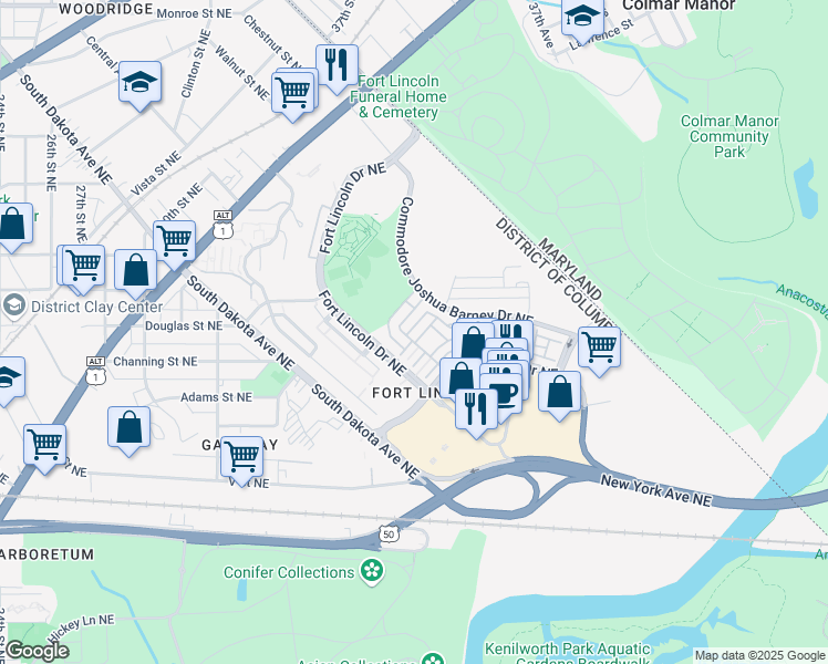 map of restaurants, bars, coffee shops, grocery stores, and more near 3604 Wright Terrace in Washington