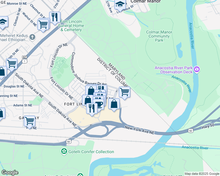 map of restaurants, bars, coffee shops, grocery stores, and more near 3807 Commodore Joshua Barney Drive Northeast in Washington