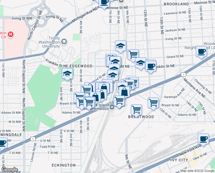 map of restaurants, bars, coffee shops, grocery stores, and more near 635 Edgewood Street Northeast in Washington