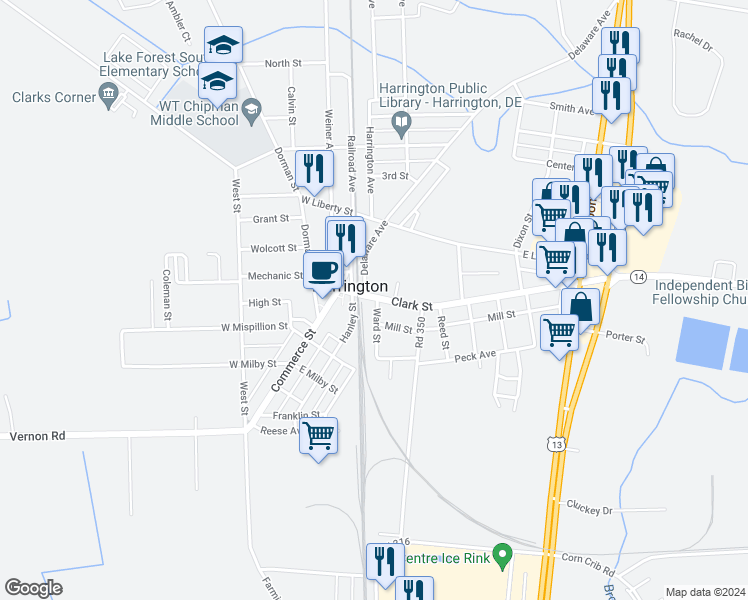 map of restaurants, bars, coffee shops, grocery stores, and more near 25 Delaware 14 in Harrington