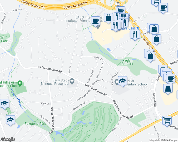 map of restaurants, bars, coffee shops, grocery stores, and more near 1723 Pebble Beach Drive in Vienna