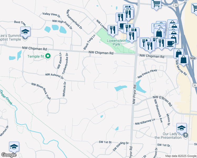 map of restaurants, bars, coffee shops, grocery stores, and more near 505 Highcliffe Drive in Lee's Summit