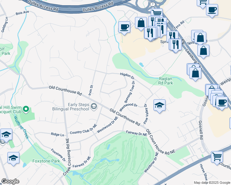 map of restaurants, bars, coffee shops, grocery stores, and more near 1723 Pebble Beach Drive in Vienna