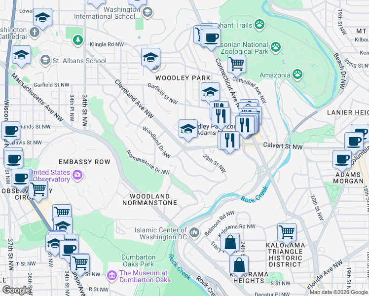 map of restaurants, bars, coffee shops, grocery stores, and more near Calvert St NW & 29th St NW in Washington