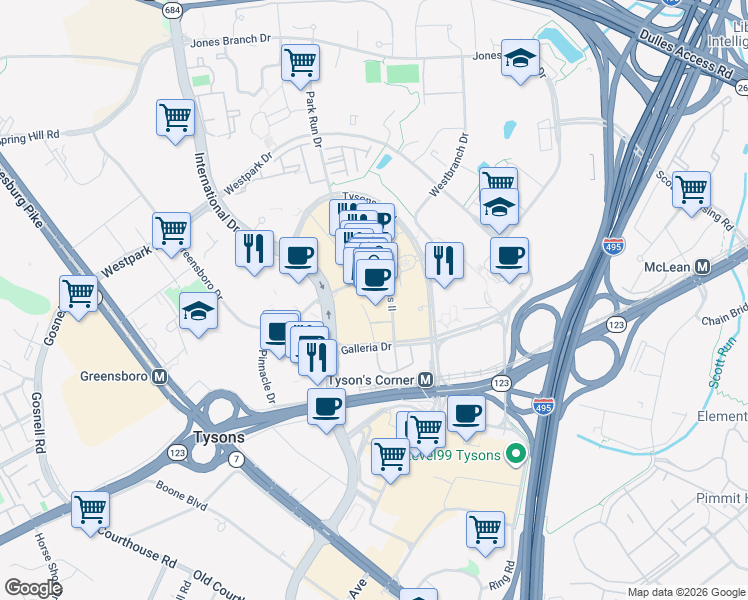 map of restaurants, bars, coffee shops, grocery stores, and more near 2001 International Drive in McLean