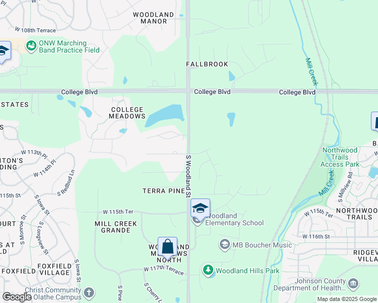map of restaurants, bars, coffee shops, grocery stores, and more near 11323 South Woodland Street in Olathe