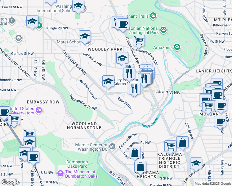 map of restaurants, bars, coffee shops, grocery stores, and more near 2711 Calvert Street Northwest in Washington