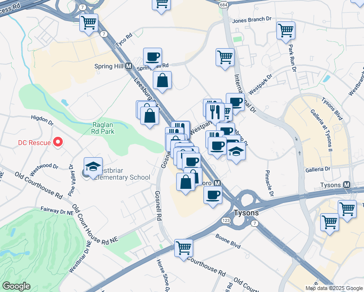 map of restaurants, bars, coffee shops, grocery stores, and more near 8401 Leesburg Pike in Tysons