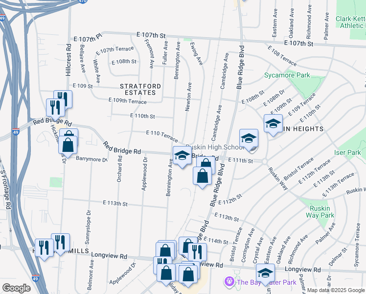 map of restaurants, bars, coffee shops, grocery stores, and more near 6601 East 110 Terrace in Kansas City