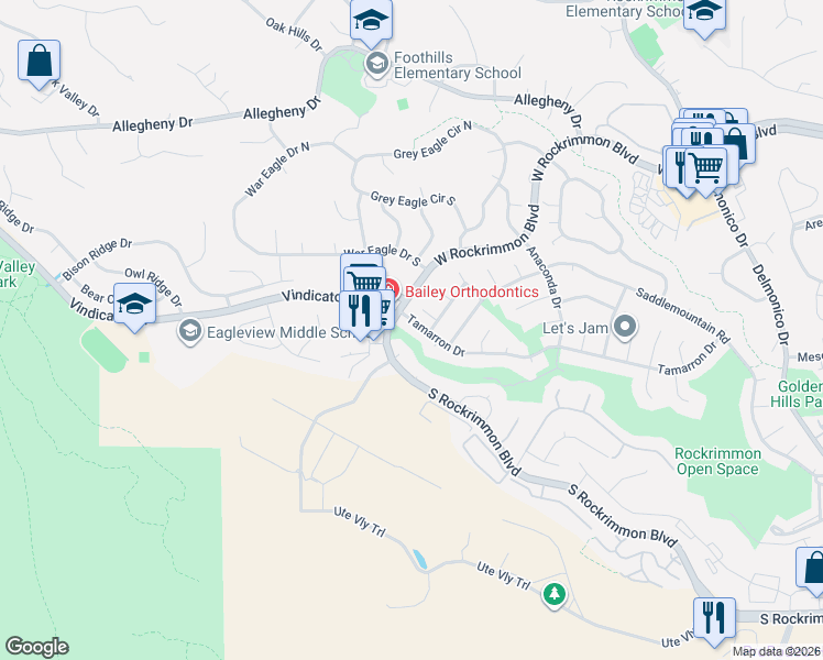 map of restaurants, bars, coffee shops, grocery stores, and more near 789 Tamarron Drive in Colorado Springs