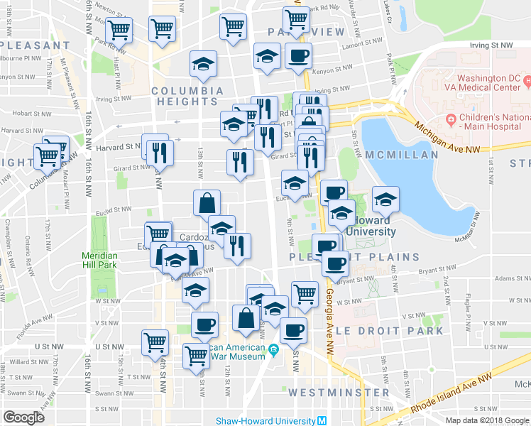 map of restaurants, bars, coffee shops, grocery stores, and more near 101 Independence Avenue Southeast in Washington