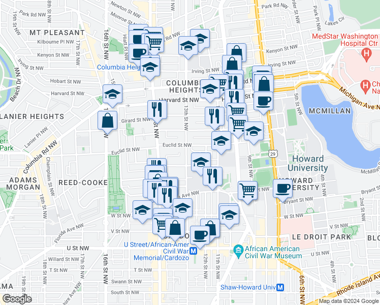 map of restaurants, bars, coffee shops, grocery stores, and more near 101 Independence Avenue Southeast in Washington
