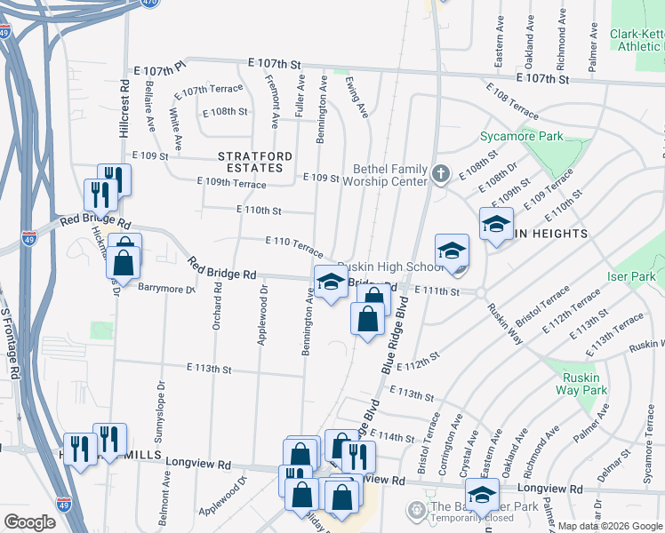 map of restaurants, bars, coffee shops, grocery stores, and more near 6601 East 110 Terrace in Kansas City