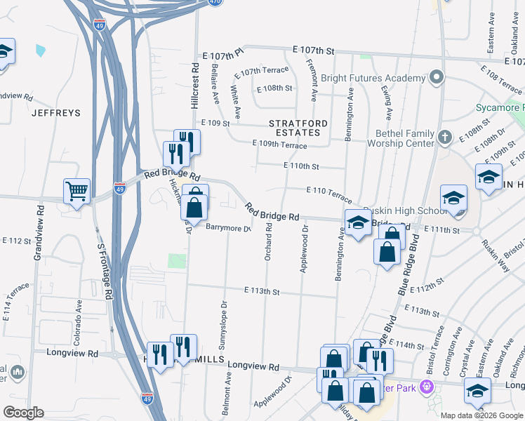 map of restaurants, bars, coffee shops, grocery stores, and more near 6204 East Red Bridge Road in Kansas City