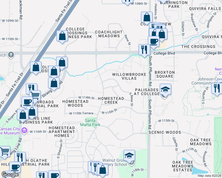 map of restaurants, bars, coffee shops, grocery stores, and more near 14026 West 113th Terrace in Lenexa