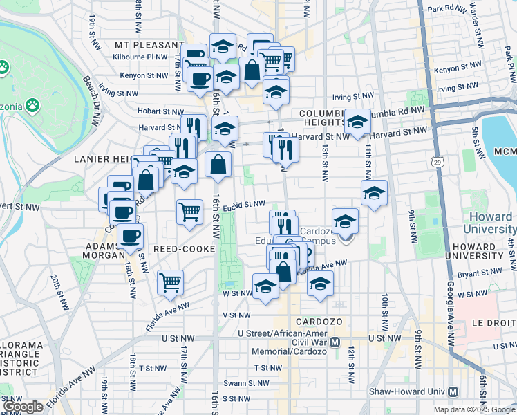 map of restaurants, bars, coffee shops, grocery stores, and more near 1454 Euclid Street Northwest in Washington
