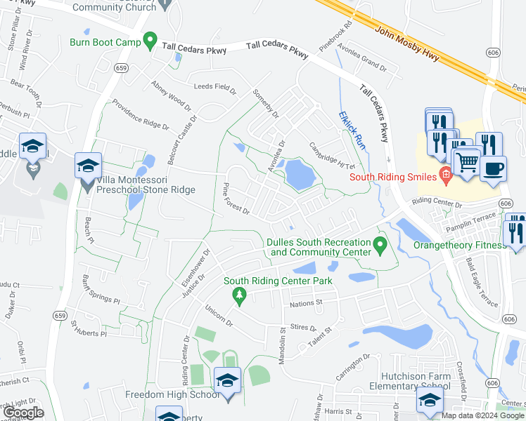 map of restaurants, bars, coffee shops, grocery stores, and more near 25093 Balcombe Terrace in Chantilly