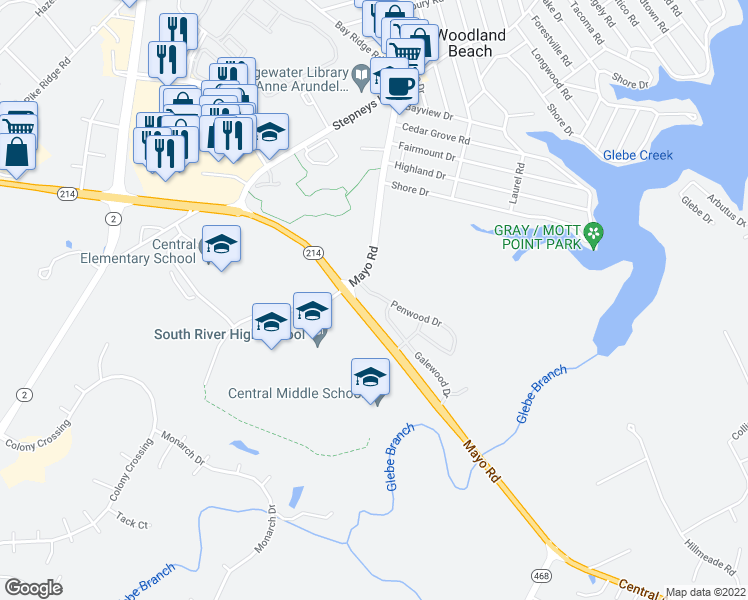 map of restaurants, bars, coffee shops, grocery stores, and more near 412 Penwood Drive in Edgewater