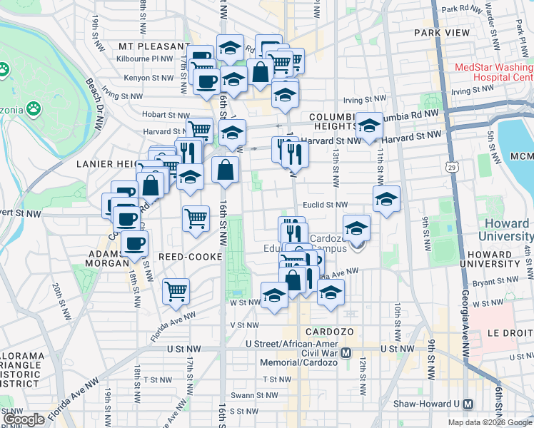 map of restaurants, bars, coffee shops, grocery stores, and more near 101 Independence Avenue Southeast in Washington