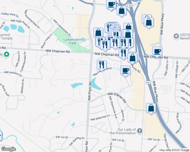 map of restaurants, bars, coffee shops, grocery stores, and more near 1919 Northwest Pryor Road in Lee's Summit