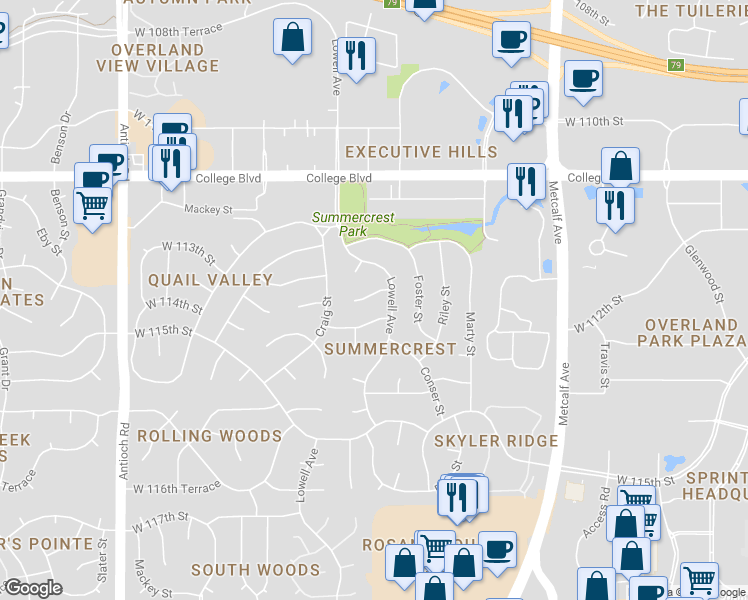 map of restaurants, bars, coffee shops, grocery stores, and more near 7909 West 113th Terrace in Overland Park