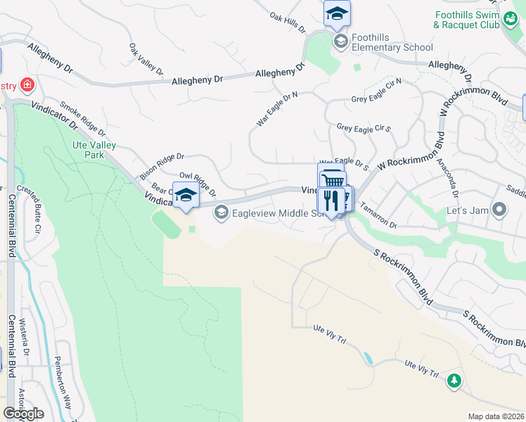 map of restaurants, bars, coffee shops, grocery stores, and more near 1132 Crown Haven Circle in Colorado Springs