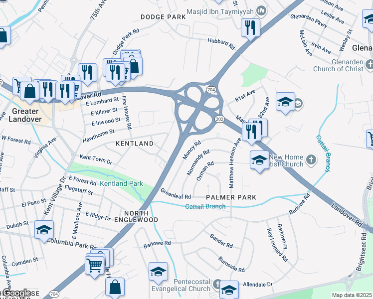 map of restaurants, bars, coffee shops, grocery stores, and more near 7716 Muncy Road in Greater Landover