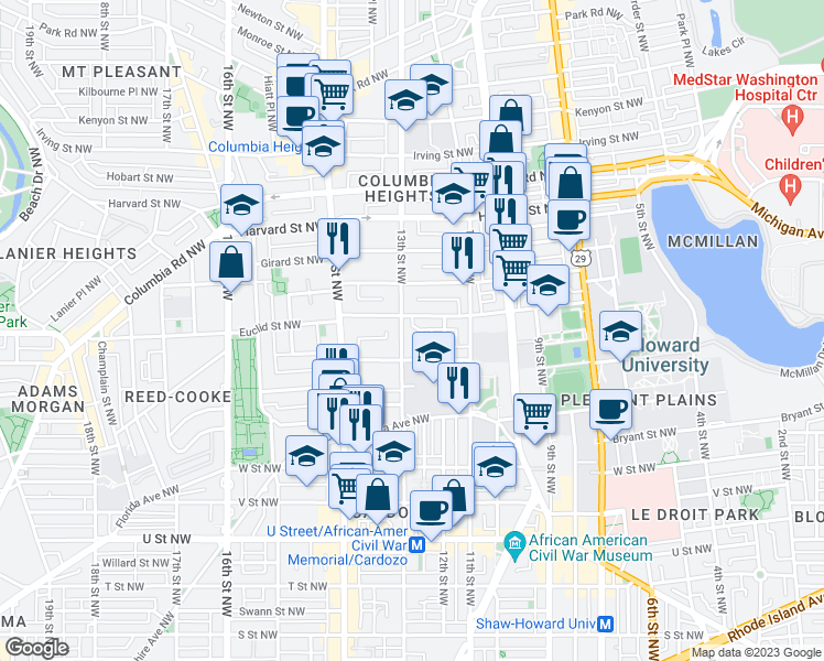 map of restaurants, bars, coffee shops, grocery stores, and more near 2535 13th Street Northwest in Washington