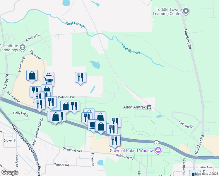 map of restaurants, bars, coffee shops, grocery stores, and more near 1814 Muny Vista Court in Alton