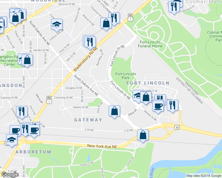 map of restaurants, bars, coffee shops, grocery stores, and more near 3240 Robert Clifton Weaver Way Northeast in Washington