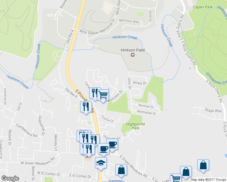 map of restaurants, bars, coffee shops, grocery stores, and more near Boulder Springs Drive in Columbia