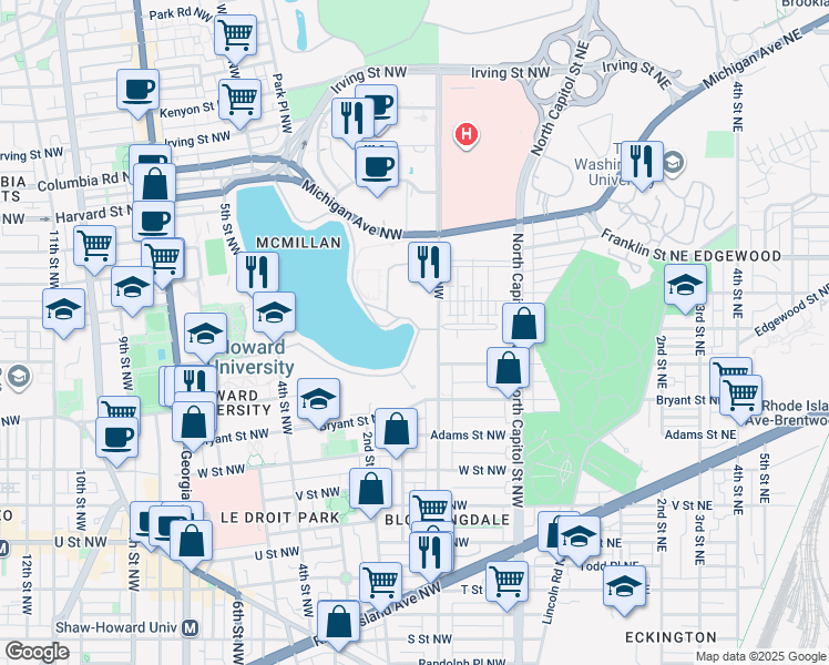 map of restaurants, bars, coffee shops, grocery stores, and more near 300 McMillan Drive Northwest in Washington