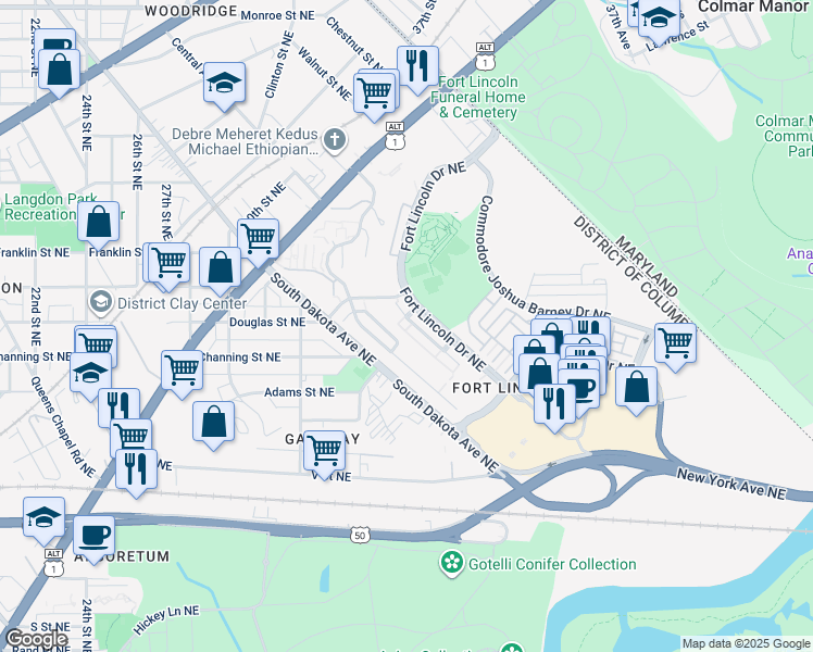map of restaurants, bars, coffee shops, grocery stores, and more near 3240 Robert Clifton Weaver Way Northeast in Washington