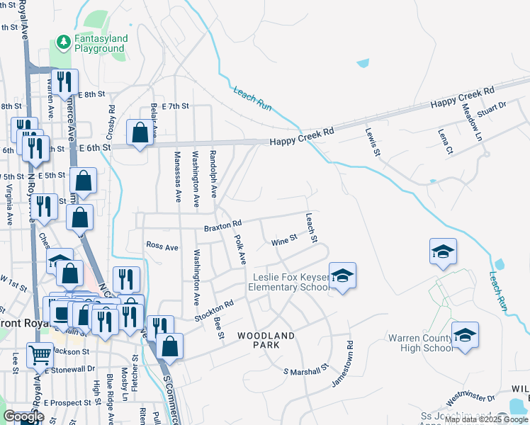 map of restaurants, bars, coffee shops, grocery stores, and more near 1010 Braxton Road in Front Royal