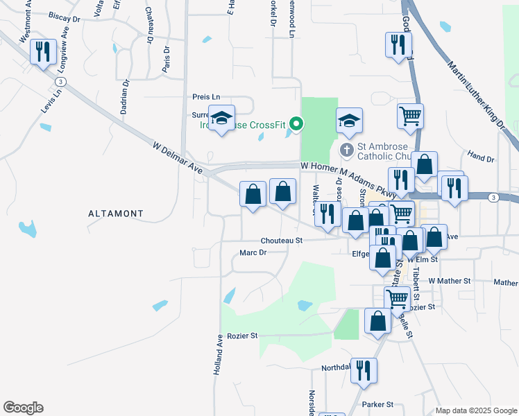 map of restaurants, bars, coffee shops, grocery stores, and more near 1017 West Delmar Avenue in Godfrey