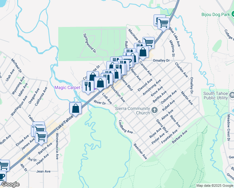 map of restaurants, bars, coffee shops, grocery stores, and more near 1040 Stockton Avenue in South Lake Tahoe