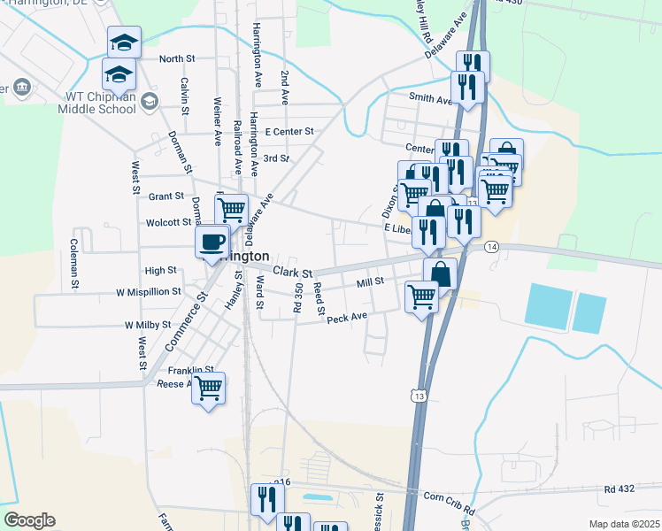 map of restaurants, bars, coffee shops, grocery stores, and more near 42 Clark Street in Harrington