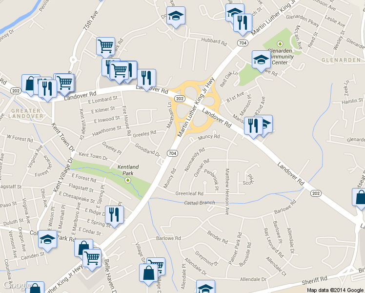map of restaurants, bars, coffee shops, grocery stores, and more near 7716 Muncy Road in Greater Landover