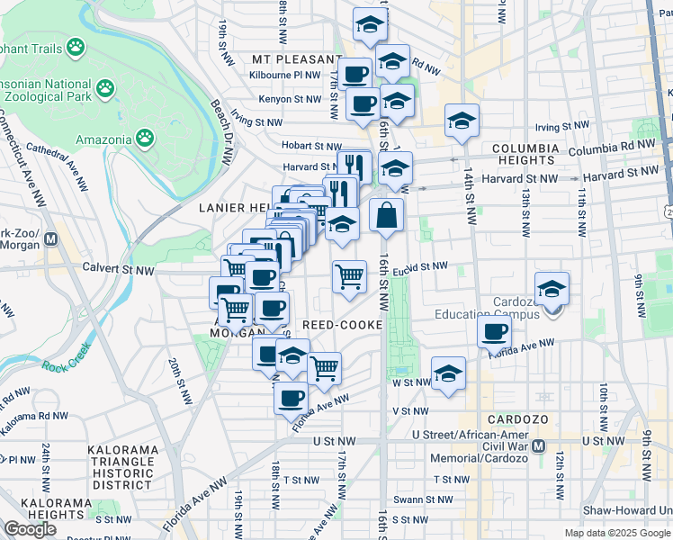 map of restaurants, bars, coffee shops, grocery stores, and more near 2505 17th Street Northwest in Washington