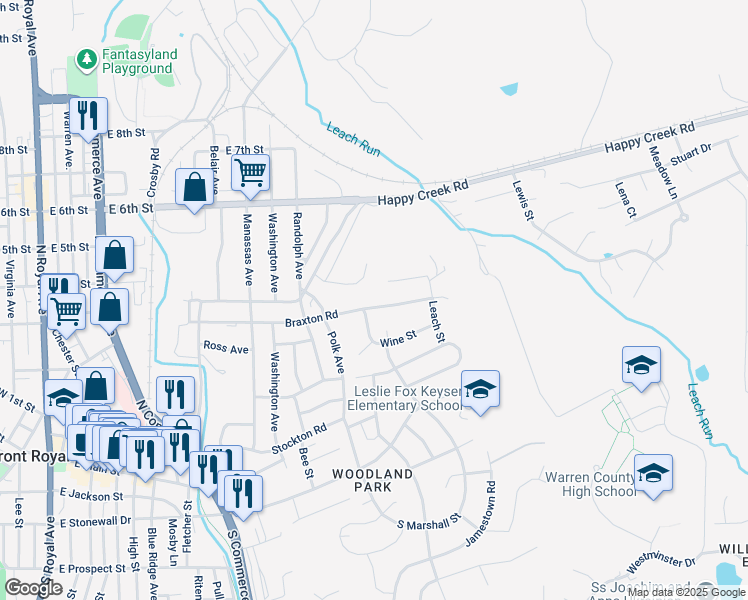 map of restaurants, bars, coffee shops, grocery stores, and more near 1010 Braxton Road in Front Royal