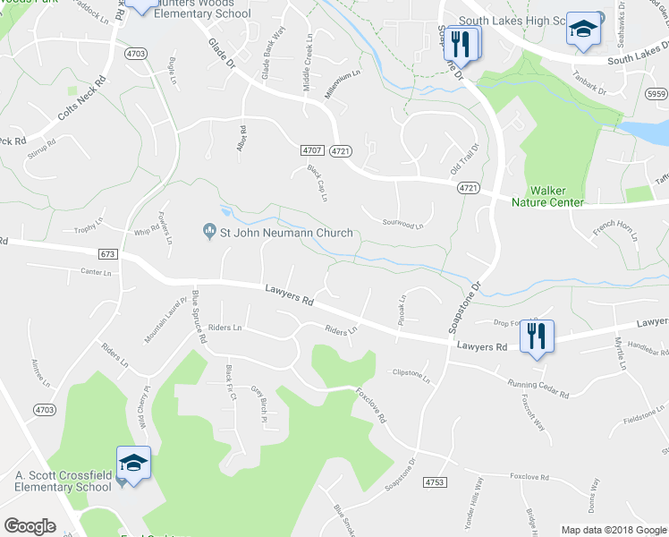 map of restaurants, bars, coffee shops, grocery stores, and more near 2501 Fauquier Lane in Reston