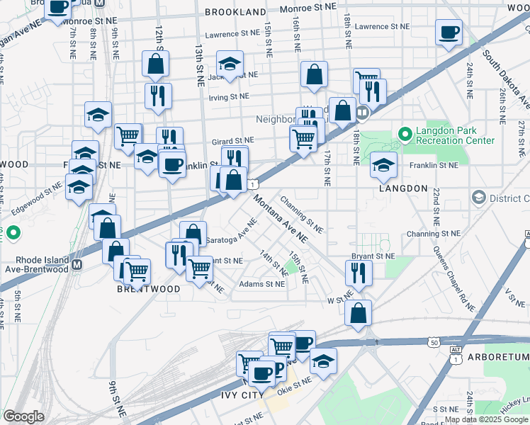 map of restaurants, bars, coffee shops, grocery stores, and more near 1451 Saratoga Avenue Northeast in Washington