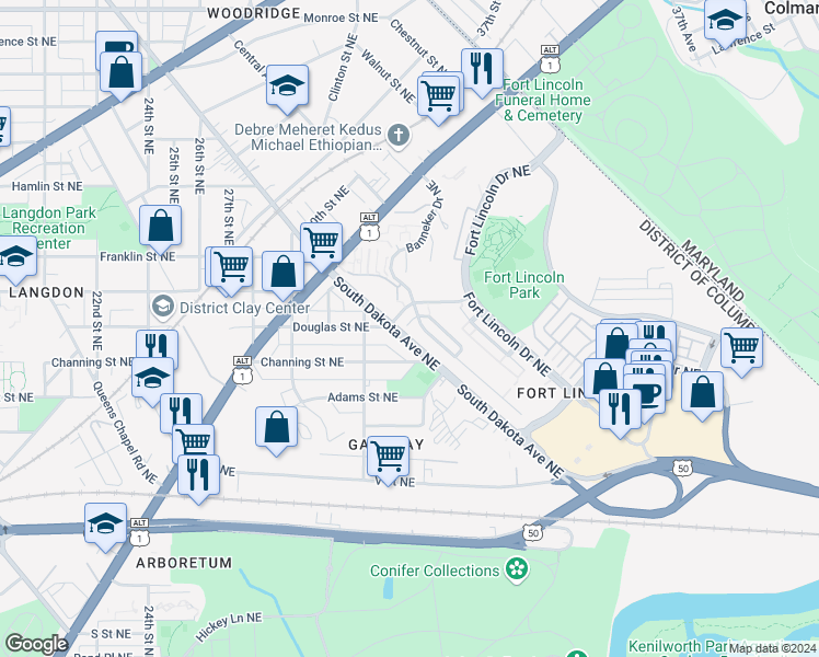 map of restaurants, bars, coffee shops, grocery stores, and more near 2502 Patricia Roberts Harris Place Northeast in Washington
