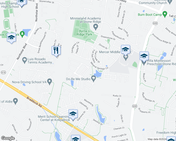 map of restaurants, bars, coffee shops, grocery stores, and more near 25100 Magnetite Terrace in Aldie