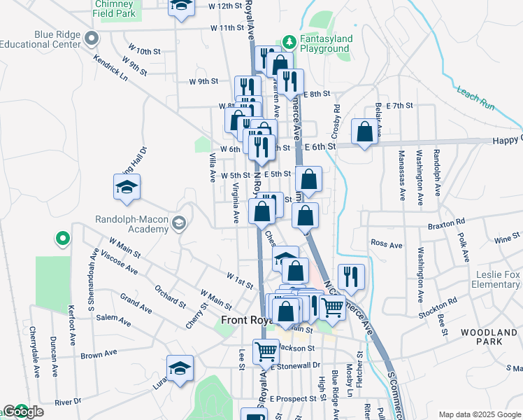 map of restaurants, bars, coffee shops, grocery stores, and more near 327 North Royal Avenue in Front Royal