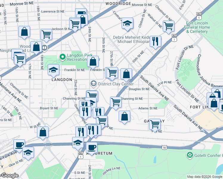 map of restaurants, bars, coffee shops, grocery stores, and more near 2600 Douglas Street Northeast in Washington
