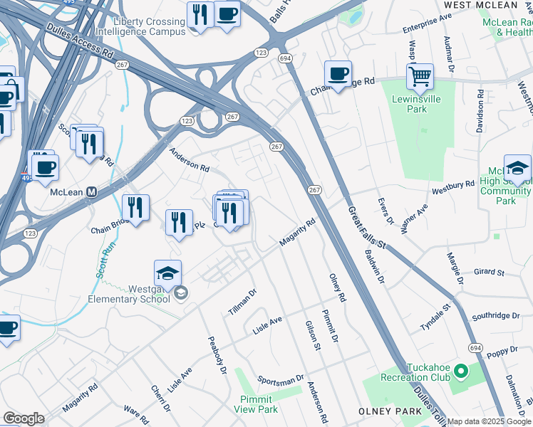 map of restaurants, bars, coffee shops, grocery stores, and more near 1644 Westwind Way in McLean